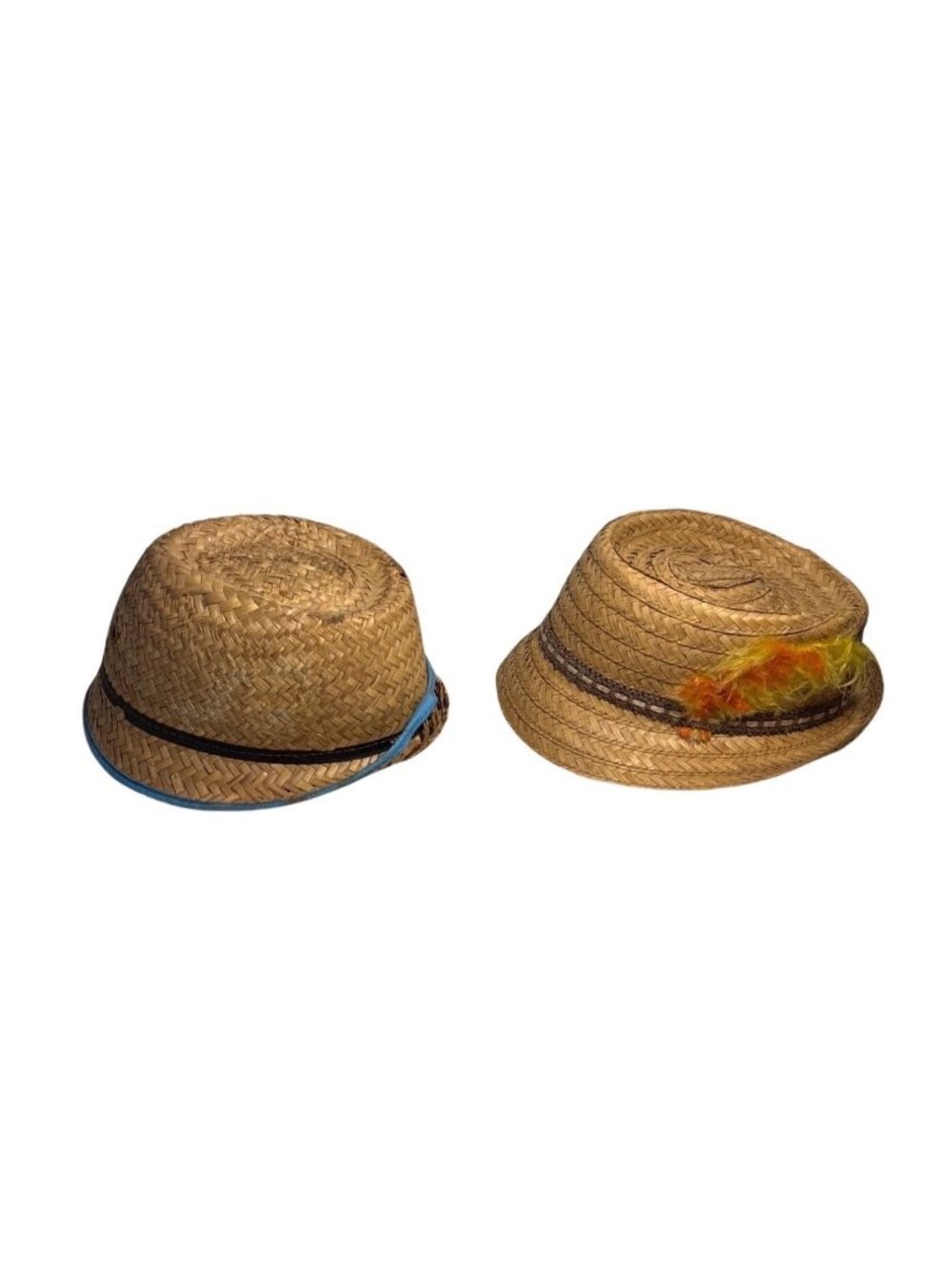 2 Woven Straw Fedora Hats Childrens Doll Size Decorative Bands Accents Halloween